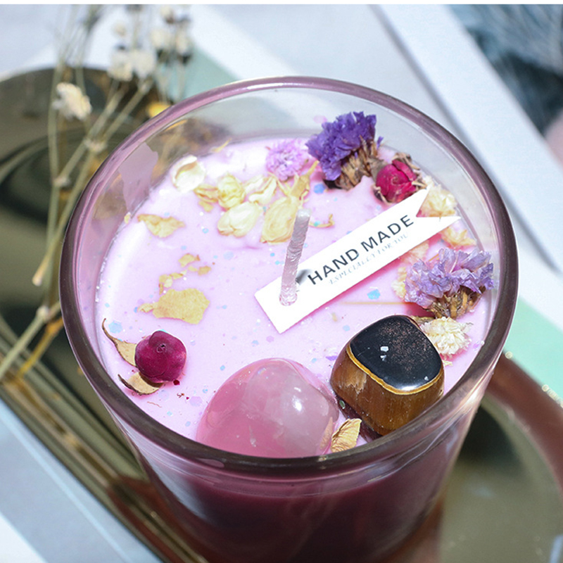 100g Ev Dekor El Yapımı Soya Balmumu Aromaterapi Çevre Dostu Yüksek Kristal Taş Kuru Çiçek Kokulu Mum Partiler için Doğum Günü Hediyesi